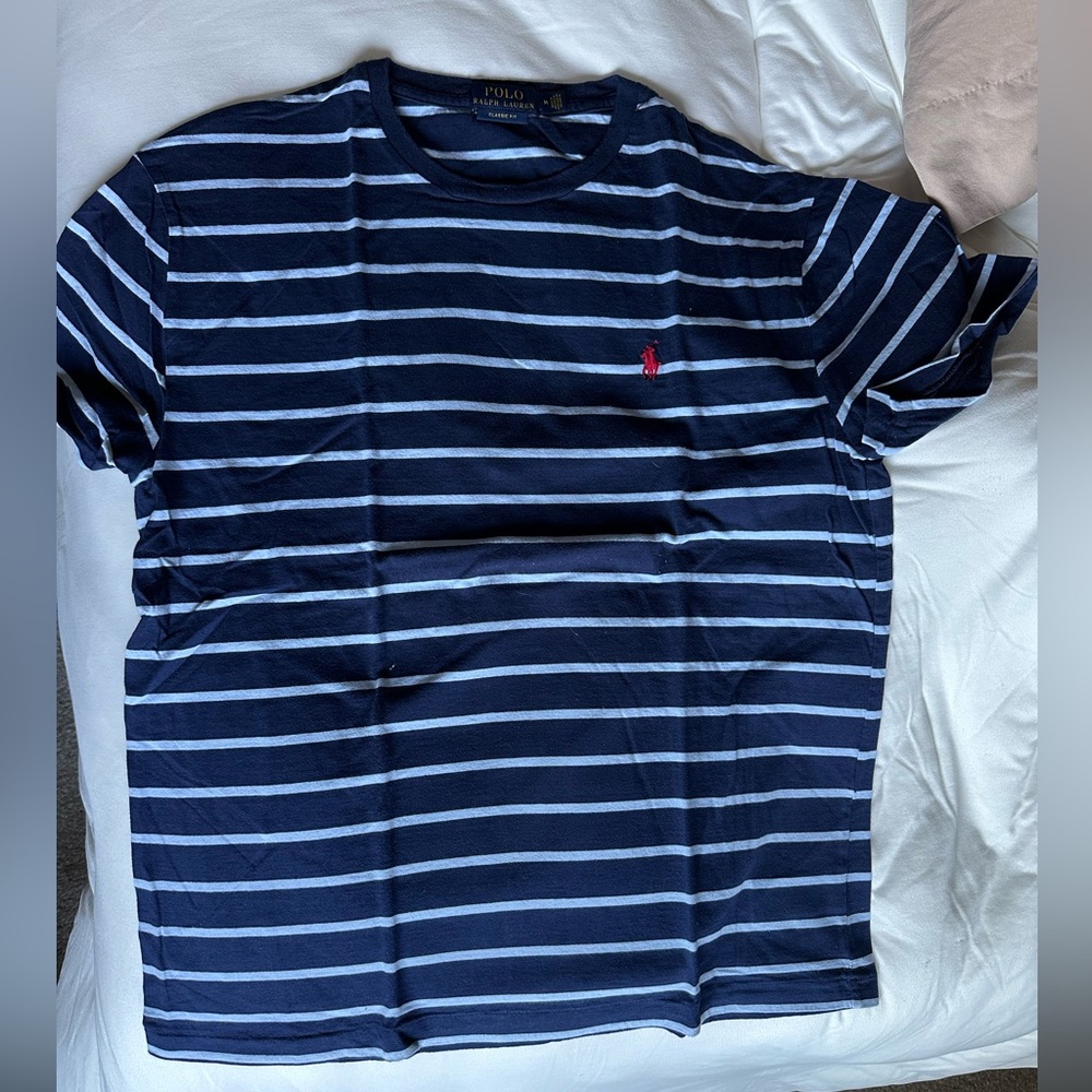 Ralph Lauren Navy and White Striped Crewneck Tee with Red Pony